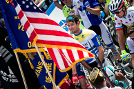2015 Amgen Tour of California Stage02 Start  in Nevada City MarkCAVENDISH(GBR-EQS)  PeterSAGAN(SVK-TCS) American Flag