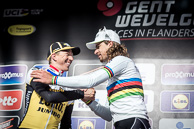 2016 GentWevelgem, Podium, 1st PeterSAGAN(SVK-TNK) congratulates 2ndSepVANMARCKE(BEL-TLJ)